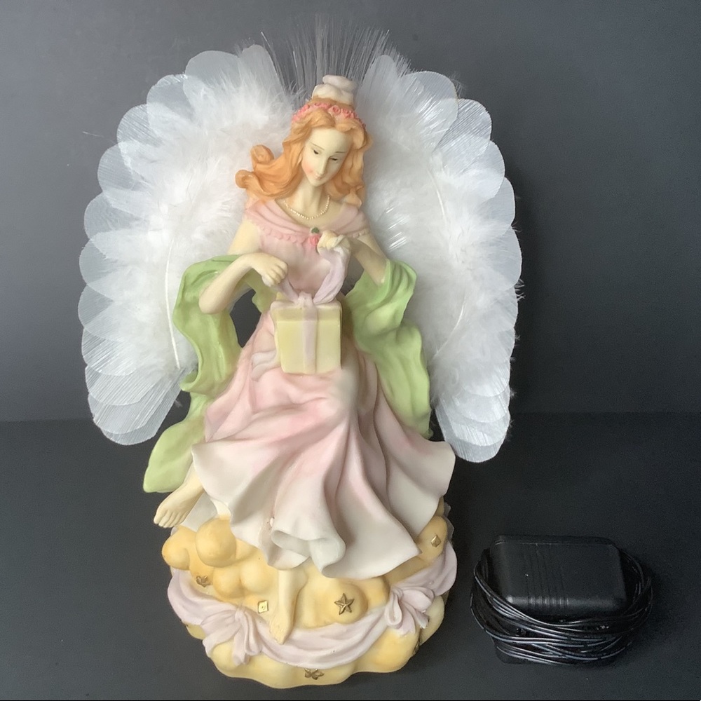 Vintage Light-up Feather Angel Wings 11” Ceramic Christmas Music Collectible